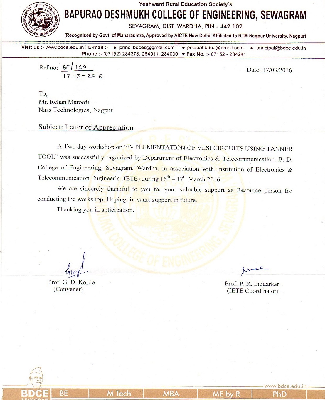 Letter of Appreciations